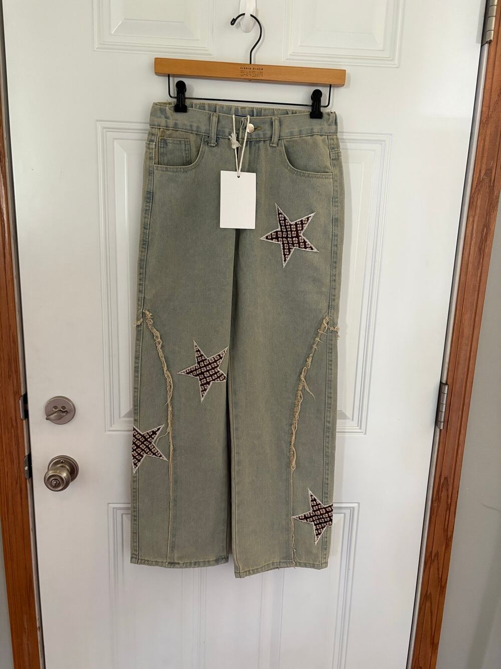 Aelfric Eden Star Patch Distressed Patch Work Wide Leg Jeans NWT Size Small